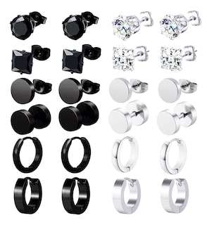 Foto 1 | Foto 1 | Aretes Arracadas Hombre Pendientes Acero Inoxidable 12 Pares Plata/negro