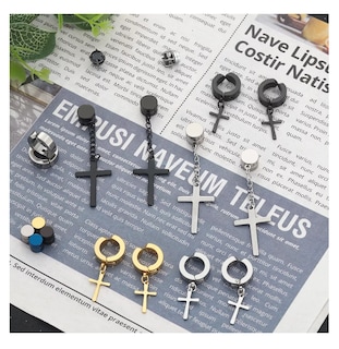 Foto 2 | Foto 2 | Aretes Falsos Piercing Hombre Imán Acero Cruz 30 Piezas Negro Plata Dorado Azul