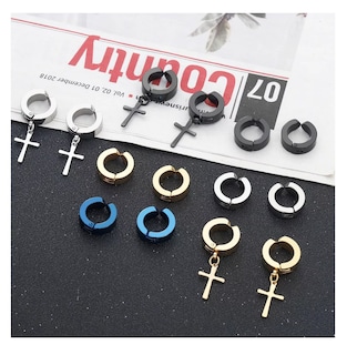 Foto 3 | Foto 3 | Aretes Falsos Piercing Hombre Imán Acero Cruz 30 Piezas Negro Plata Dorado Azul