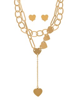 Foto 1 | Foto 1 | Set Collar y Par Aretes de Acero Inoxidable Joyas Plafer 1204j-p color Dorado Mitad Corazones Lisos Dos Líneas