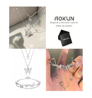 Foto 4 | Foto 4 | Collar De Cadena Doble Mariposas Brillantes Pulsera Mujer Plata