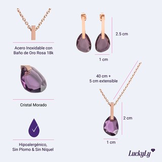 Foto 5 | Foto 5 | Set Juego de Joyería para Mujer, Aretes y Collar con Cristal Luckyly, Modelo Amber Morado