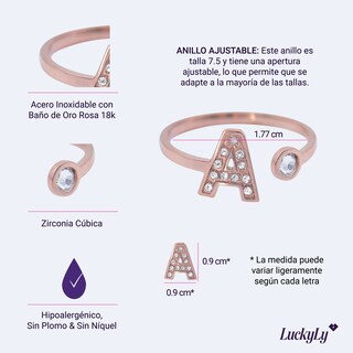 Foto 4 | Foto 4 | Anillo LuckyLy AV02-I color Rosa Baño de Oro Rosa 18k y Zirconia Cúbica - Letra I