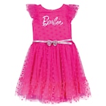 Vestido Fiusha En Tela Brillante Con Cinturon Y Distintivo Estampado De Barbie Para Niña