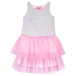Vestido Con Olanes Combinado El Color Plata En Tela Brillante Y El Rosa, Con Estampado De Barbie Para Niña