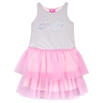 Vestido Con Olanes Combinado El Color Plata En Tela Brillante Y El Rosa, Con Estampado De Barbie Para Niña