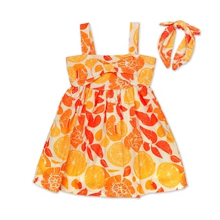 Foto 1 | Foto 1 | Vestido Coqueta Para Niña En Algodón Naranja Con Estampado Frutal Y Diadema