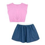 Conjunto De Blusa Estampada Y Falda En Color Azul Con Aplicaciones De Barbie Para Niña