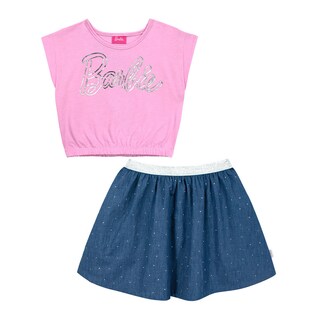 Foto 3 | Foto 3 | Conjunto De Blusa Estampada Y Falda En Color Azul Con Aplicaciones De Barbie Para Niña