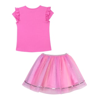 Foto 2 | Foto 2 | Conjunto De Blusita Con Collar Y Falda En Color Fiusha De Olanes Brillantes