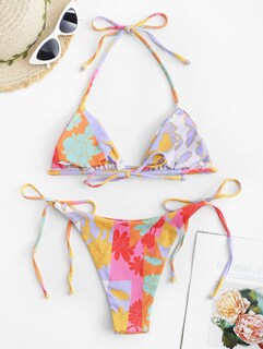 Foto 5 | Foto 5 | Bikini Zaful Triangle Halter De 2 Piezas Para Mujer, Morado Y Floral - Venta Internacional.
