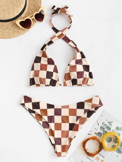 Foto 4 | Foto 4 | Bikini Zaful Triangle, Traje De Baño Halter De 2 Piezas, A Cuadros Café - Venta Internacional.