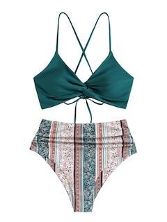 Foto 2 | Foto 2 | Bikini Zaful Twist de Cintura Alta con Cordones Cruzados Verde para Mujer - Venta Internacional