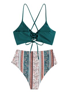 Foto 3 | Foto 3 | Bikini Zaful Twist de Cintura Alta con Cordones Cruzados Verde para Mujer - Venta Internacional