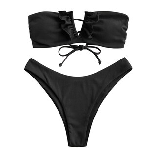 Foto 1 | Foto 1 | Conjunto de Bikini Zaful sin Tirantes Acanalado V Negro - Venta Internacional
