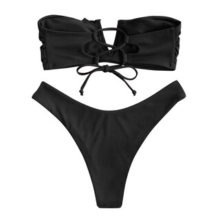 Foto 7 | Foto 7 | Conjunto de Bikini Zaful sin Tirantes Acanalado V Negro - Venta Internacional
