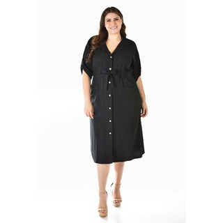 Foto 1 | Foto 1 | Vestido Camisero De Lino Roman Fashion /tallas Extras, 2391 (negro) Negro