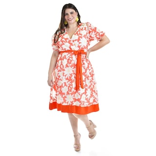 Foto 1 | Foto 1 | Vestido De Flores Escote Cruzado Roman Fashion /tallas Extras, 1432, (naranja) Naranja
