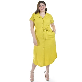 Foto 1 | Foto 1 | Vestido Camisero De Lino Roman Fashion /tallas Extras, 2107 (mostaza) Ocre