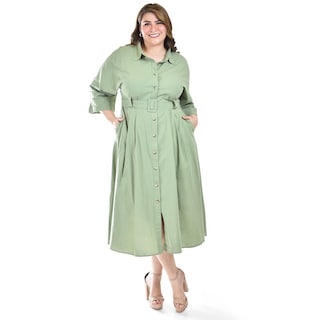 Foto 1 | Foto 1 | Vestido Camisero Con Cinto Roman Fashion /tallas Extras, 3827-p (verde Militar) Verde Lima