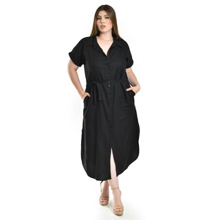 Foto 1 | Foto 1 | Vestido Camisero De Lino Roman Fashion /tallas Extras, 2107 (negro) Negro