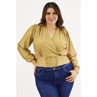 Foto 1 | Foto 1 | Blusa para Mujer Roman Fashion Satín Escote Cruzado Tallas Extras Dorado