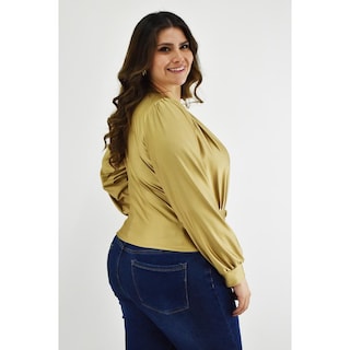 Foto 3 | Foto 3 | Blusa para Mujer Roman Fashion Satín Escote Cruzado Tallas Extras Dorado