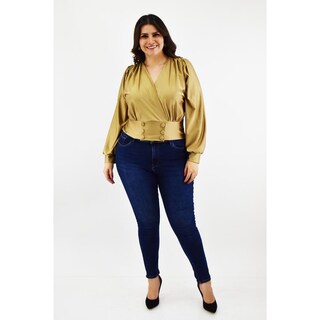 Foto 5 | Foto 5 | Blusa para Mujer Roman Fashion Satín Escote Cruzado Tallas Extras Dorado