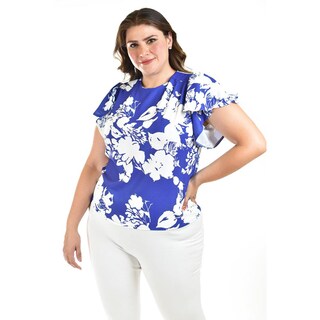 Foto 4 | Foto 4 | Blusa Manga Con Olanes Roman Fashion /tallas Extras, 1843 (flor Azul Rey) Azul