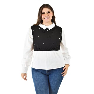 Foto 1 | Foto 1 | Blusa Con Chaleco De Perlas Roman Fashion /tallas Extras, 5102 (blanco / Negro) Negro