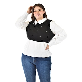 Foto 5 | Foto 5 | Blusa Con Chaleco De Perlas Roman Fashion /tallas Extras, 5102 (blanco / Negro) Negro