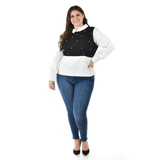 Foto 6 | Foto 6 | Blusa Con Chaleco De Perlas Roman Fashion /tallas Extras, 5102 (blanco / Negro) Negro
