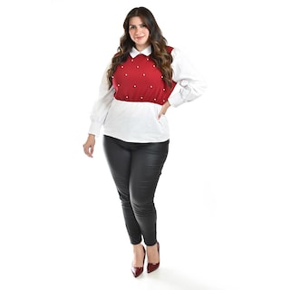 Foto 5 | Foto 5 | Blusa Con Chaleco De Perlas Roman Fashion /tallas Extras, 5102 (blanco / Vino) Vino