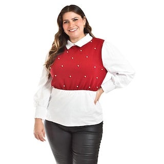 Foto 6 | Foto 6 | Blusa Con Chaleco De Perlas Roman Fashion /tallas Extras, 5102 (blanco / Vino) Vino