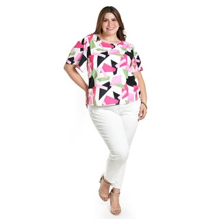 Foto 5 | Foto 5 | Blusa Estampada De Manga Corta Roman Fashion, Tallas Extras, 5118 (abstracto Rosa) Rosa