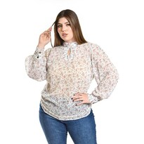 Blusa De Chifon Estampado Floral Roman Fashion /tallas Extras, 4202 (blanco Floreado) Blanco