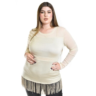 Foto 1 | Foto 1 | Blusa Con Flecos Y Manga Transparente Roman Fashion /tallas Extras, 163 (beige) Beige