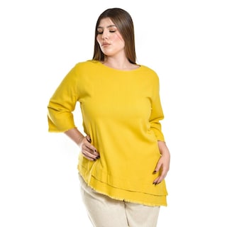 Foto 5 | Foto 5 | Blusa De Lino Corte Asimetrico Roman Fashion / Tallas Extras, 0340 (mostaza) Amarillo