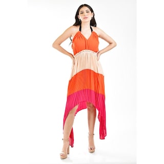 Foto 2 | Foto 2 | Vestido Asimétrico Plisado Roman Fashion /juvenil 1731 Naranja
