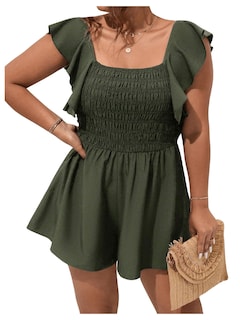 Foto 1 | Foto 1 | Rompers Soly Hux Para Mujer, Talla Grande, Manga Con Volantes, Color Verde Militar - Venta Internacional.