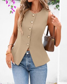 Foto 2 | Foto 2 | Chaleco Btfbm Blazer De Verano Sin Mangas Para Mujer De Color Caqui Claro Xxl - Venta Internacional.