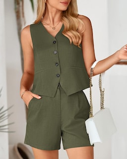 Foto 5 | Foto 5 | Conjunto De Atuendo Btfbm Para Mujer, Chaleco Blazer, Pantalones Cortos, Color Verde Militar, Talla L - Venta Internacional.