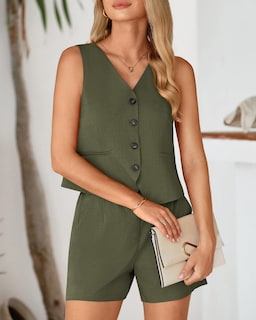 Foto 7 | Foto 7 | Conjunto De Atuendo Btfbm Para Mujer, Chaleco Blazer, Pantalones Cortos, Color Verde Militar, Talla L - Venta Internacional.