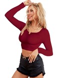 Blusa Crop Top De Manga Larga Para Mujer Crop-05 Color Vino Moda Canalé