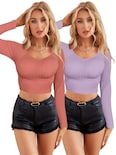 Set De Dos Blusas Crop Top De Manga Larga Para Mujer Crop-05 Colores Variados Moda Canalé