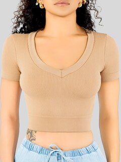 Foto 6 | Foto 6 | Playera Mujer Casual Crop Top Stretch Bl-1031 Cafe Claro Cómoda Blusa Corta