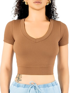 Foto 1 | Foto 1 | Playera Mujer Casual Crop Top Stretch Bl-1031 Cafe Oscuro Cómoda Blusa Corta