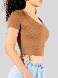 Foto 5 | Foto 5 | Playera Mujer Casual Crop Top Stretch Bl-1031 Cafe Oscuro Cómoda Blusa Corta