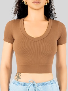 Foto 6 | Foto 6 | Playera Mujer Casual Crop Top Stretch Bl-1031 Cafe Oscuro Cómoda Blusa Corta
