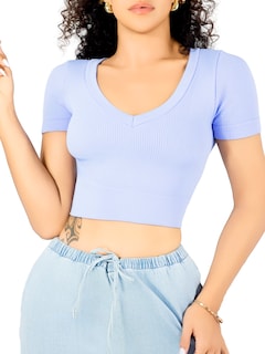 Foto 1 | Foto 1 | Playera Mujer Casual Crop Top Stretch Bl-1031 Azul Claro Cómoda Blusa Corta